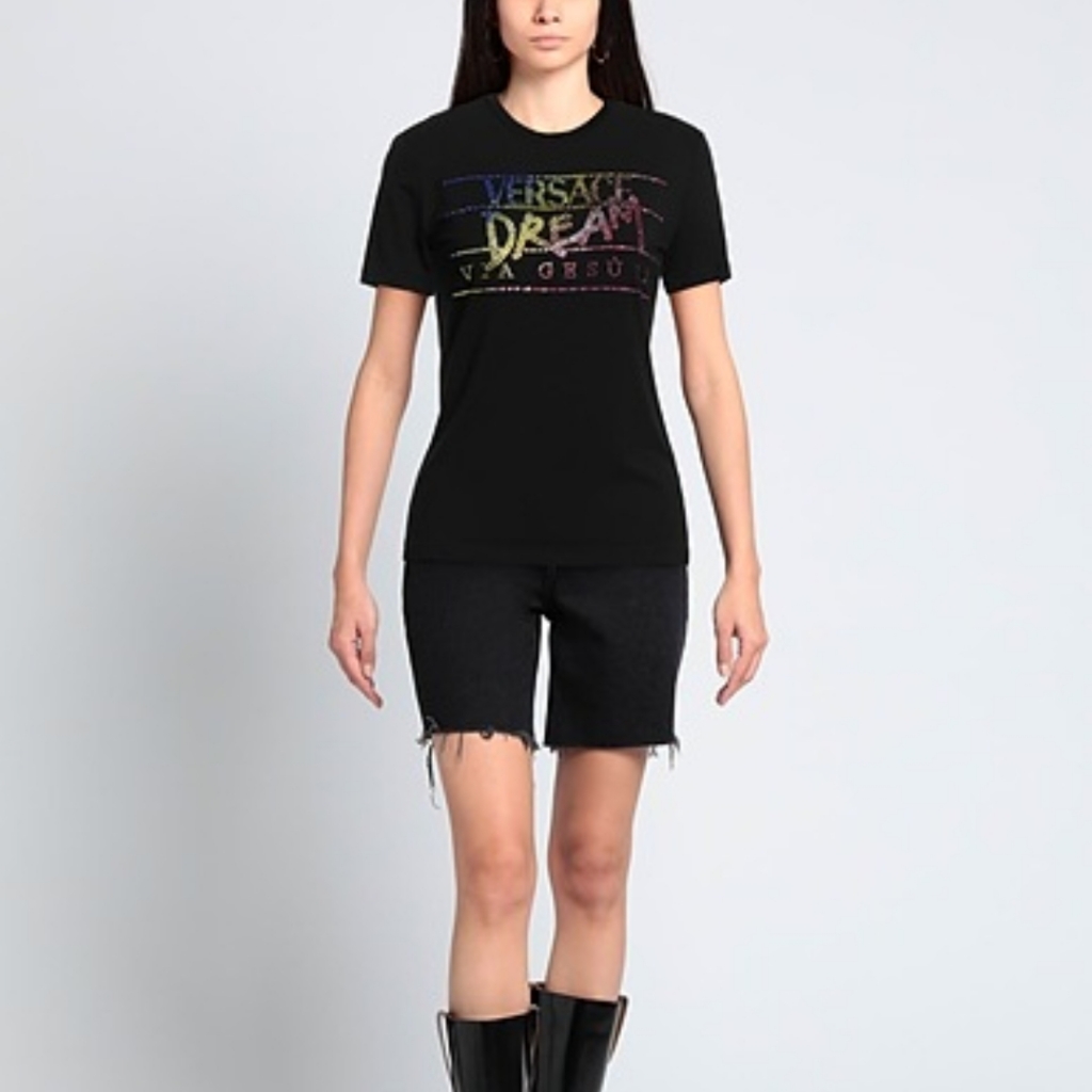 Versace Dream Via Gesu 12 Black Crystal Embellished Short Sleeve Graphic T-Shirt